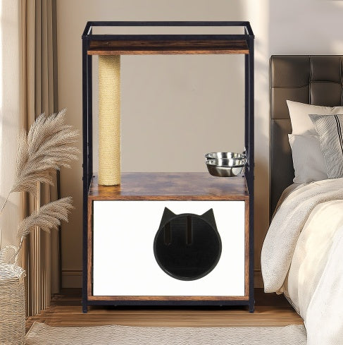 White Vintage Cat Tree with Integrated Feeding Station