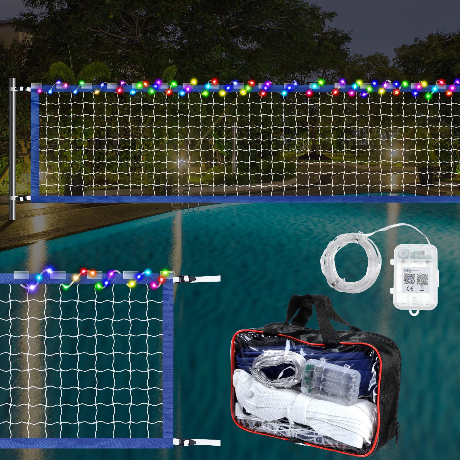 ShinyRelief 15-25 ft LED Light-Up Pool Volleyball Net