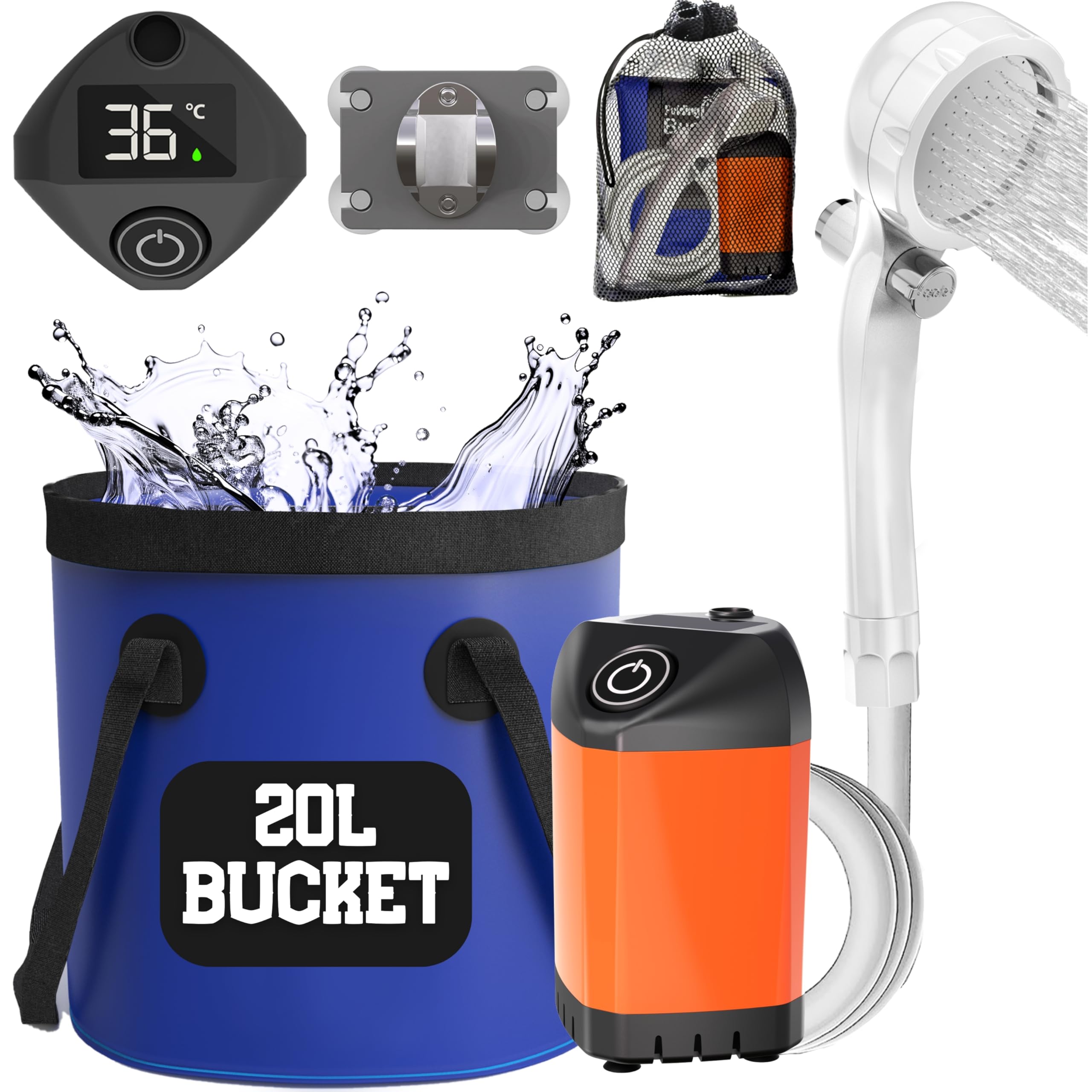 Elil Rechargeable Portable Camping Shower Pump with 5-Gallon Bucket