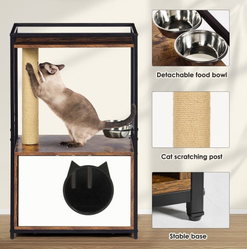 White Vintage Cat Tree with Integrated Feeding Station