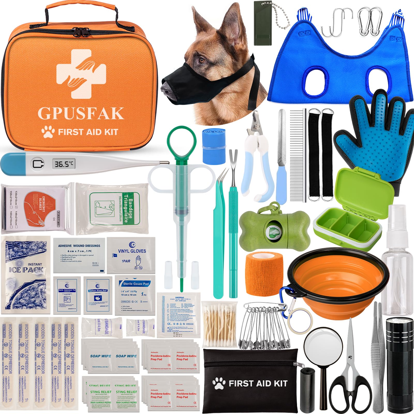 GPUSFAK Dog First Aid Kit with Grooming Hammock & Tool Set