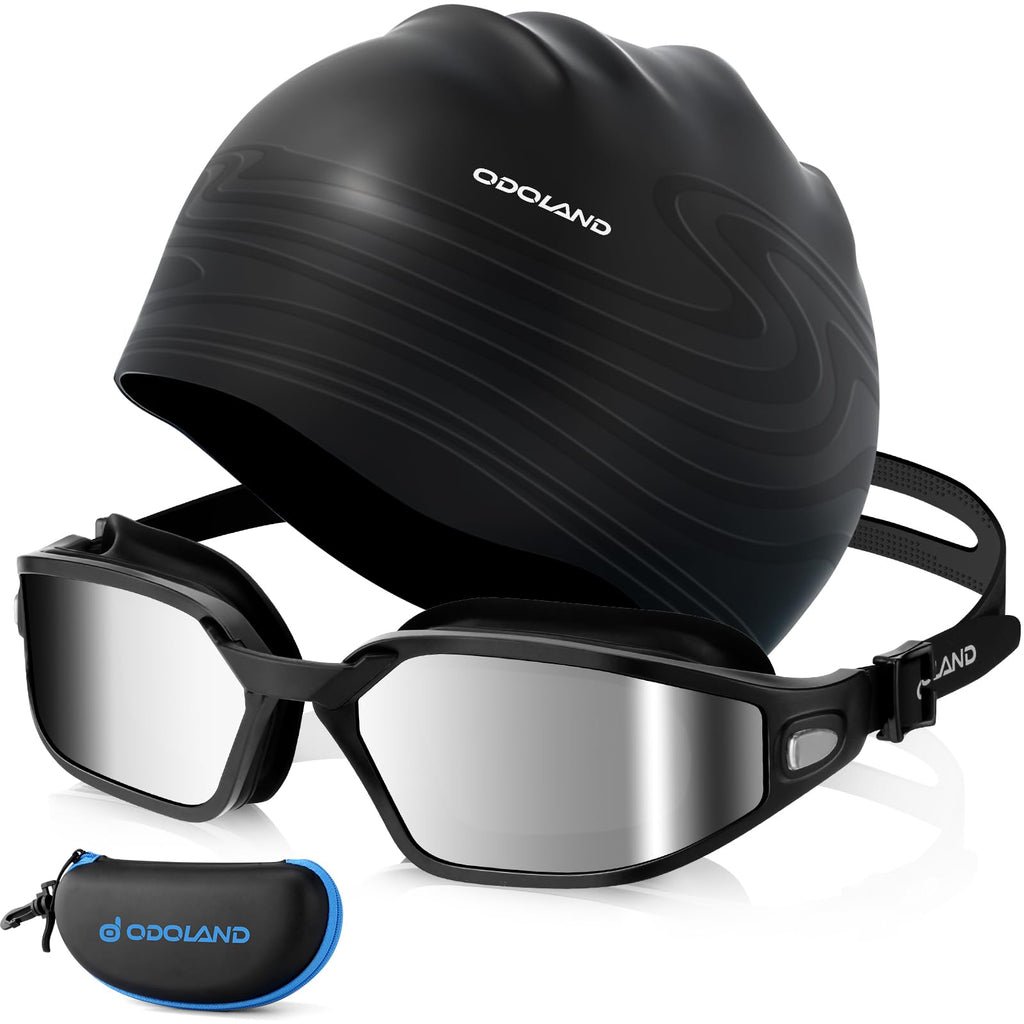 Odoland Premium Anti-Fog Swim Goggles & Silicone Cap Kit (Silver)