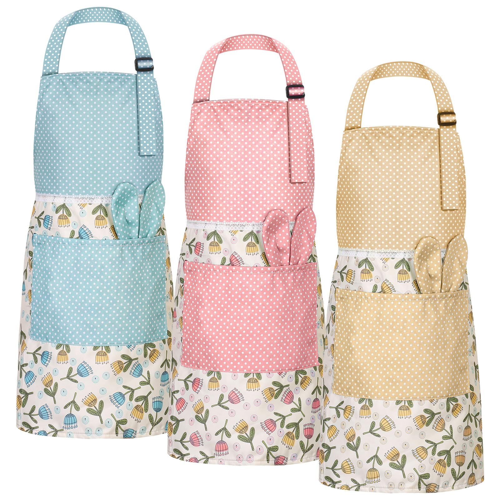 3-Piece Floral & Tulip Junior Chef Apron Set."