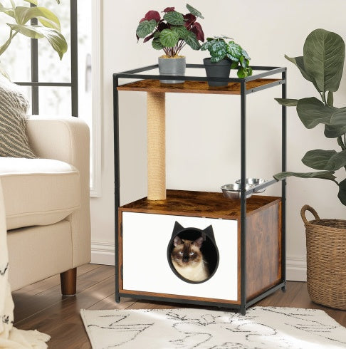 White Vintage Cat Tree with Integrated Feeding Station