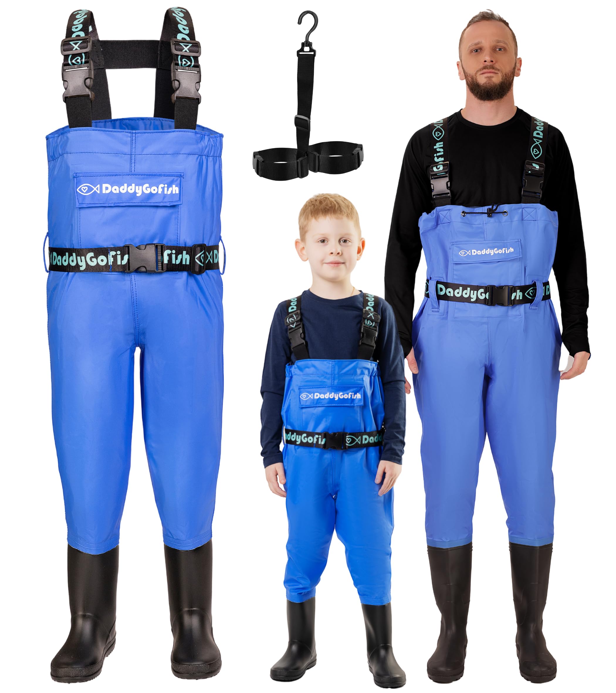 DaddyGoFish Matching PVC Chest Waders with Boots & Pocket (Blue)