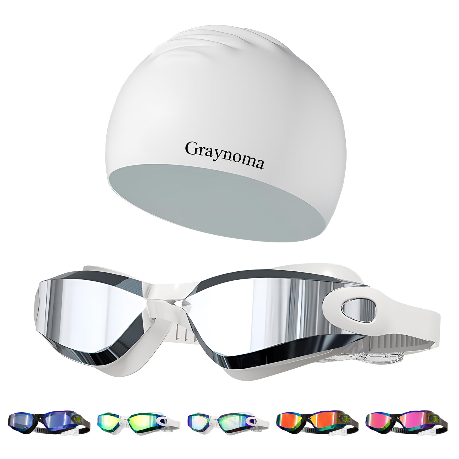 Graynoma Anti-Fog Swim Goggles & High-Stretch Silicone Cap Set (Silvery White)