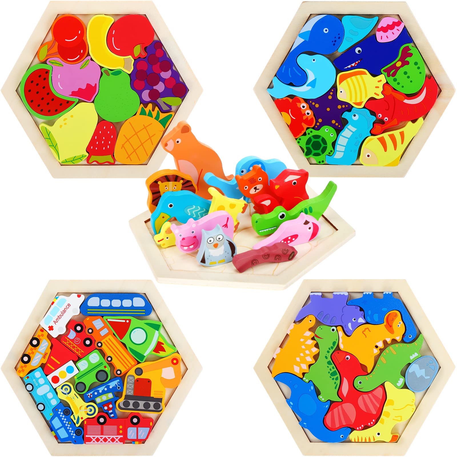 'Hex-Logic' 5-Pack Wooden Tangram & Pattern Block Set