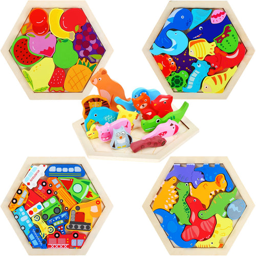 'Hex-Logic' 5-Pack Wooden Tangram & Pattern Block Set