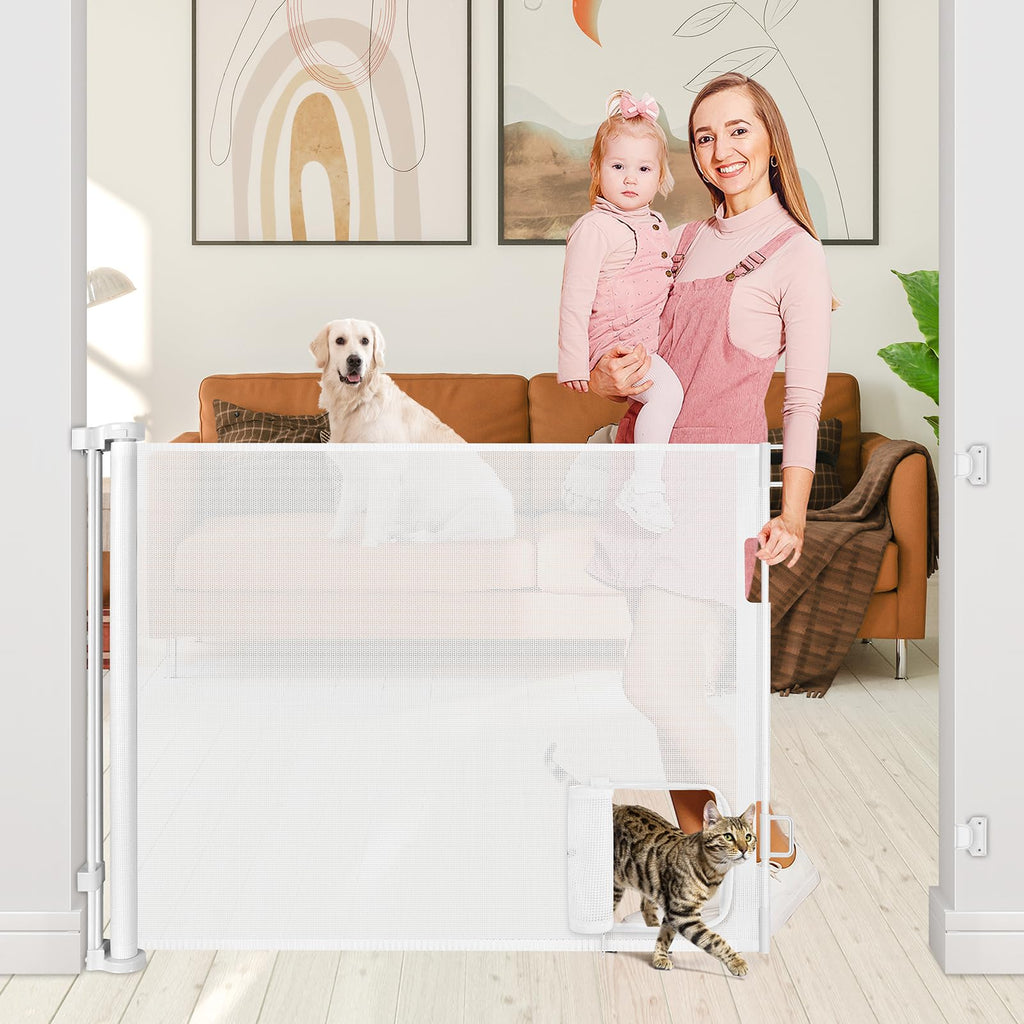 55" Retractable Pet & Baby Gate with Integrated Cat Door