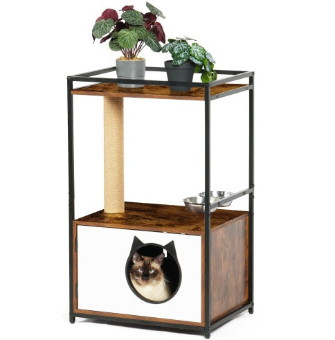 White Vintage Cat Tree with Integrated Feeding Station