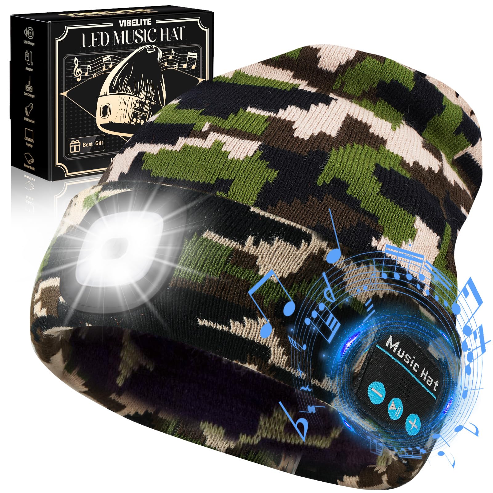 VIBELITE Professional Bluetooth 5.0 Camo Beanie with Rechargeable LED Headlamp