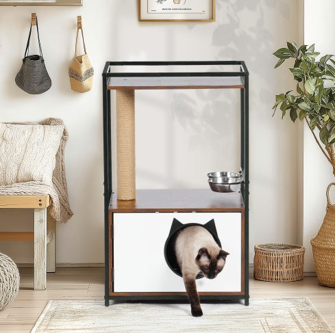 White Vintage Cat Tree with Integrated Feeding Station