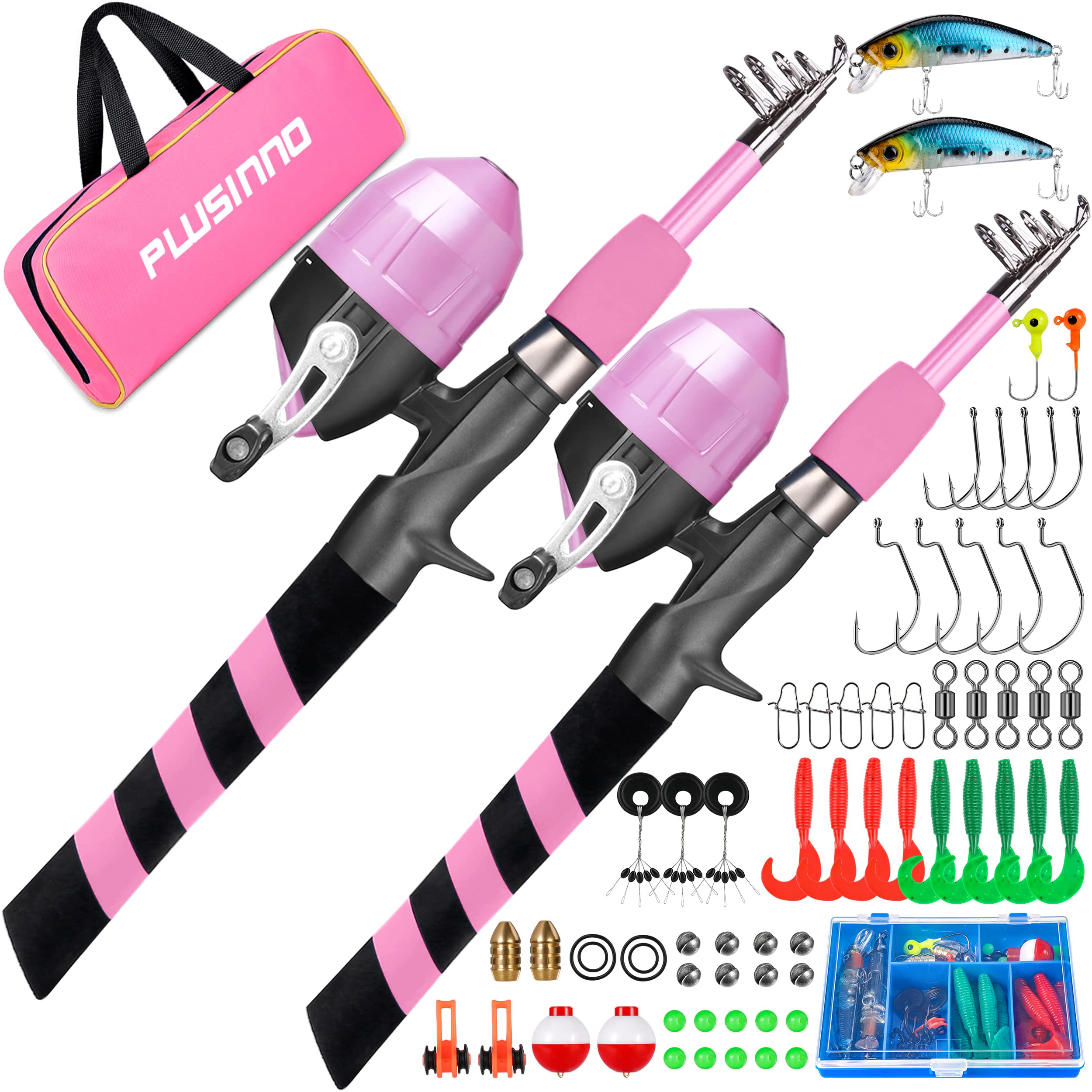 PLUSINNO Kids Telescopic Fishing Rod & Reel Combo (Pink 2-Pack)