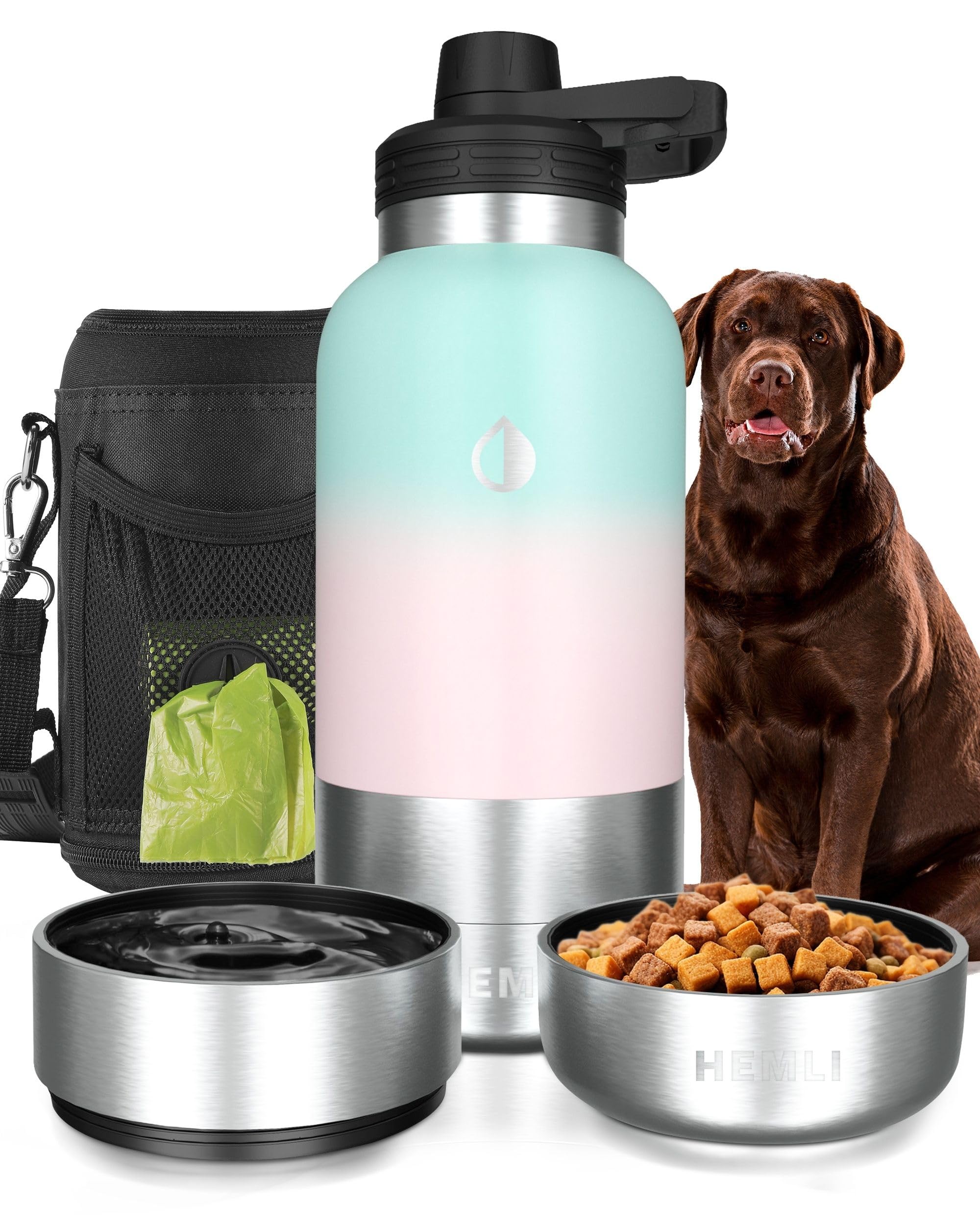 HEMLI 32 oz. Stainless Steel 3-in-1 Pet Travel Bottle & Bowl Set