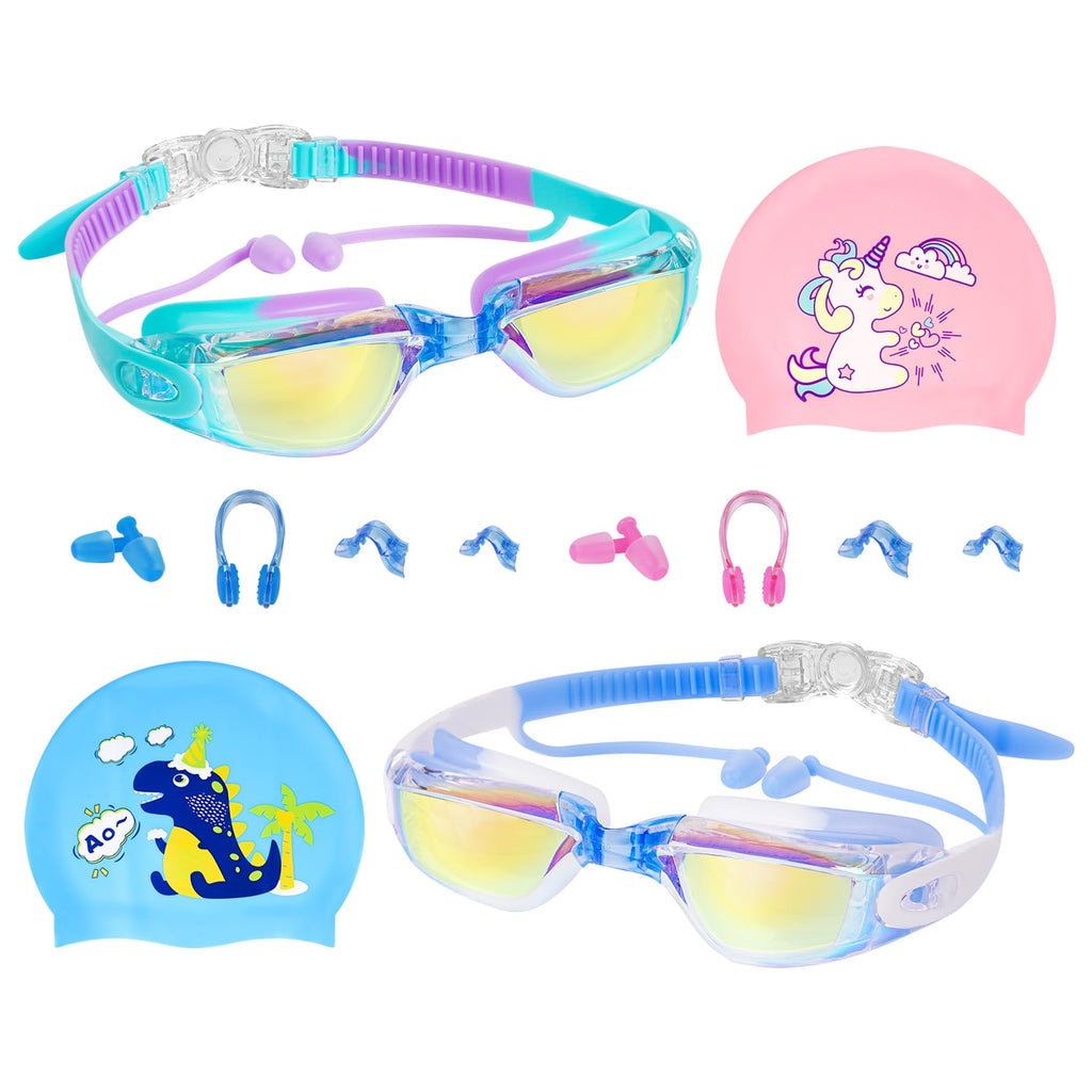 KANJISAURS Kids & Toddler Swim Goggles Set with Fun Swim Cap